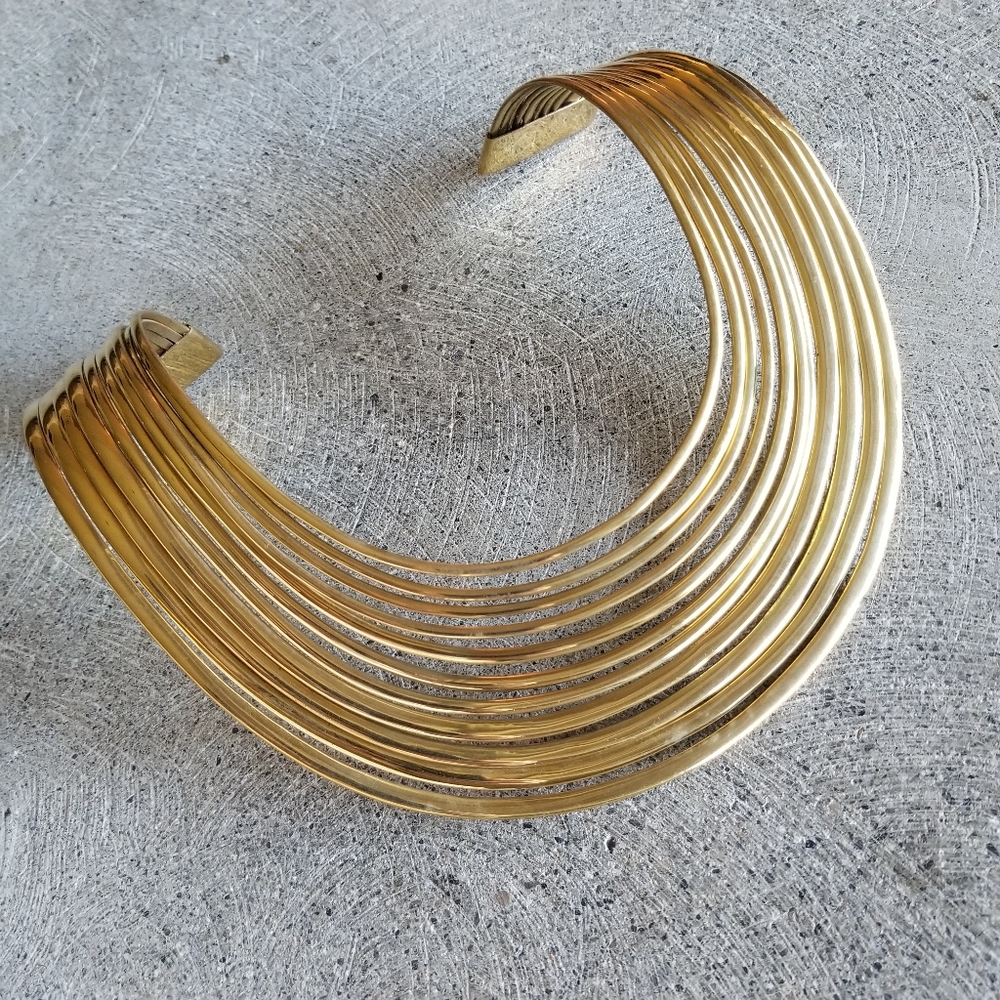 Solid Brass Statement Collar Tribal Necklace Used… - image 1